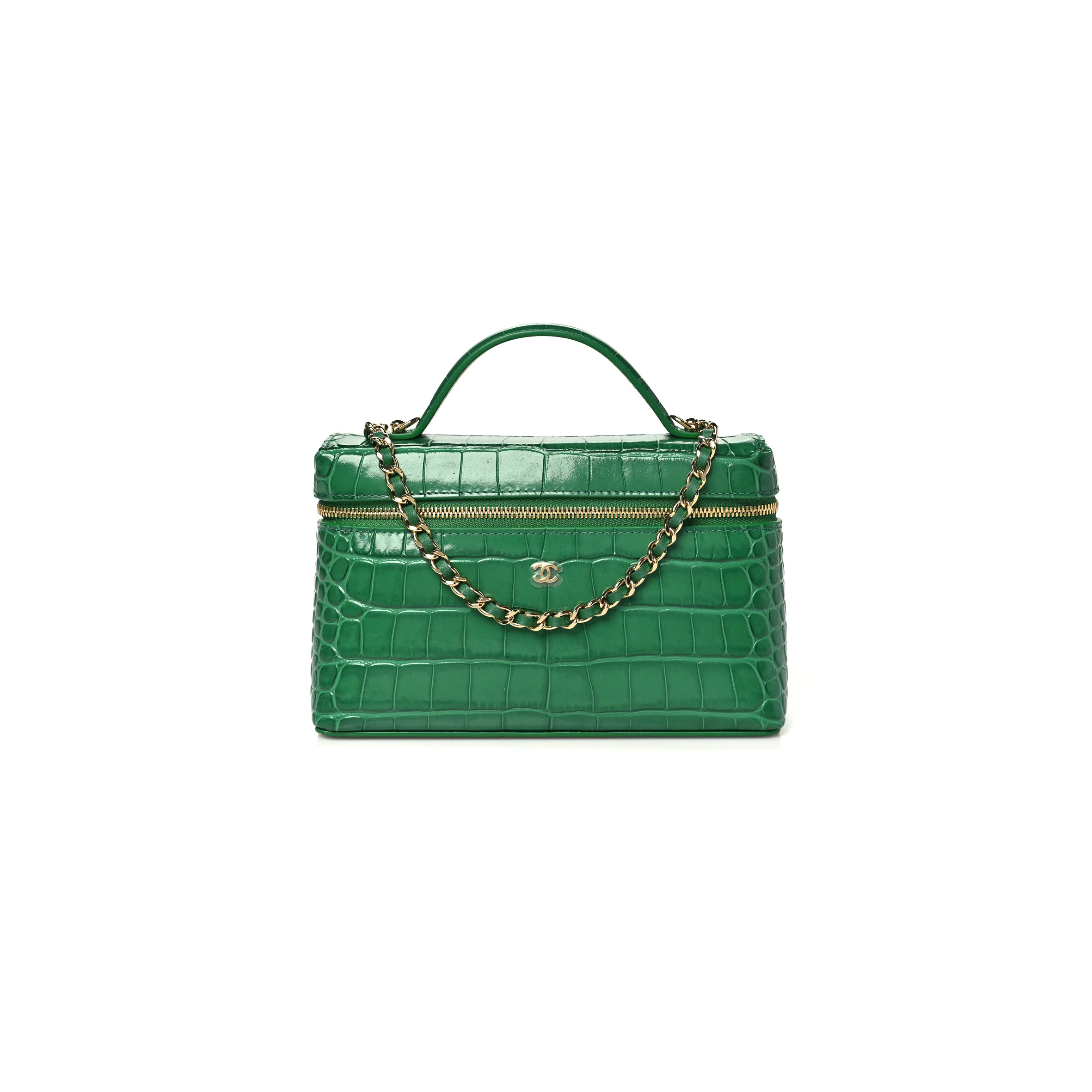 CHANEL MASTER TOP HANDLE LONG VANITY CASE WITH CHAIN CROC EMBOSSED CALFSKIN GOLD HARDWARE (19*14*5cm)
